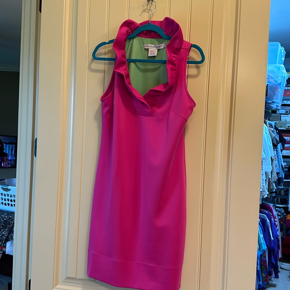 Gretchen Scott ruffle neck pink dress size Large